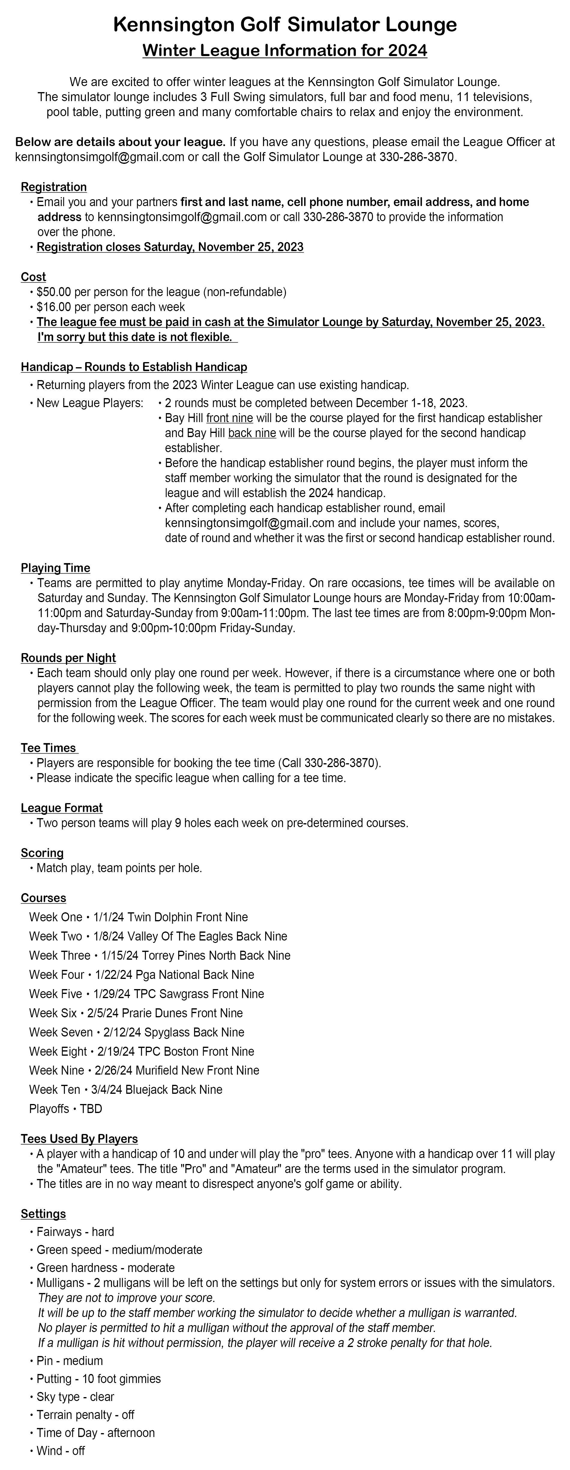 Winter Simulator League 2024 Kennsington Golf Club